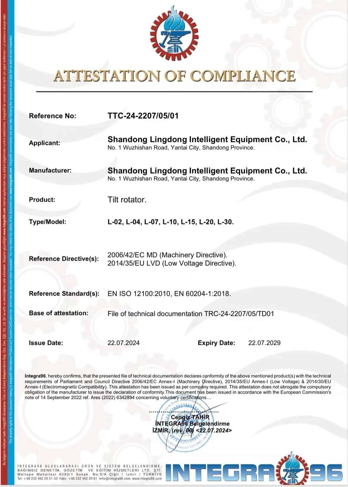 Certificate – Shandong Lingdong Intelligent Equipment